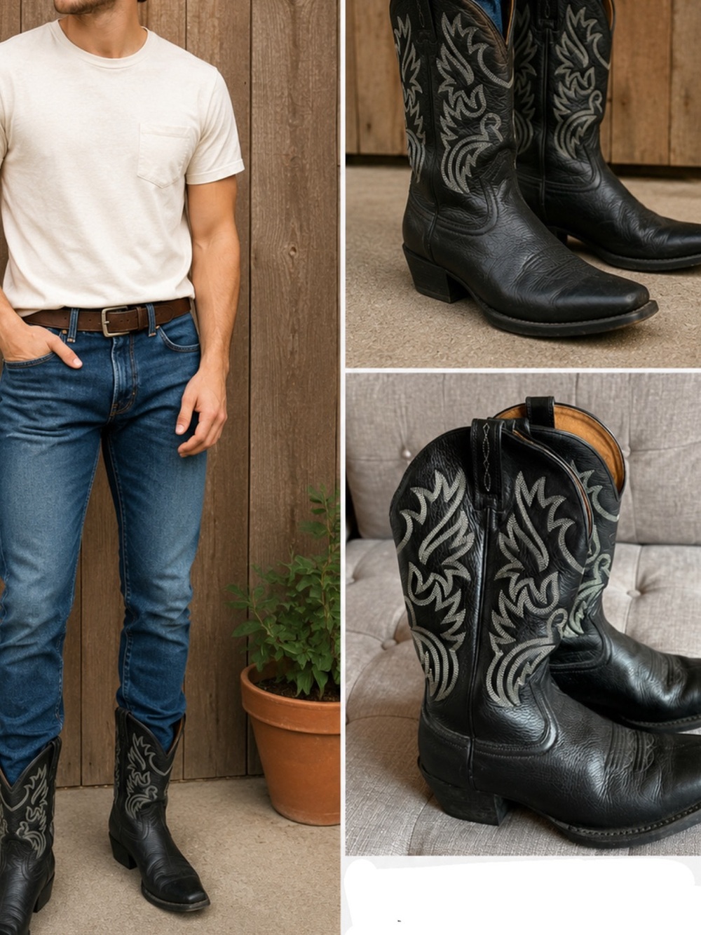 Ariat Black Leather Western Boots with Gray Embroidery